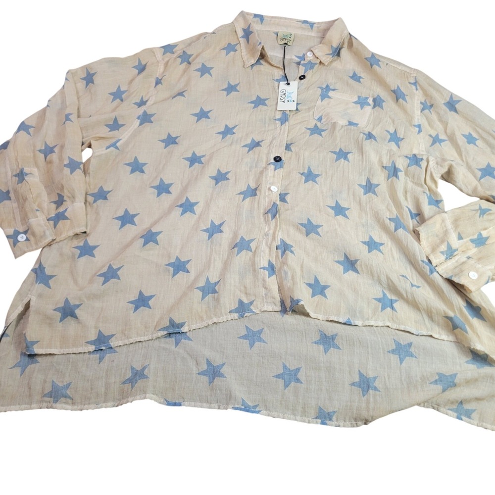 Jaded Gypsy Button Up Women‎ L Tan Blue Star Spangled Boho Oversized Gauze Shirt